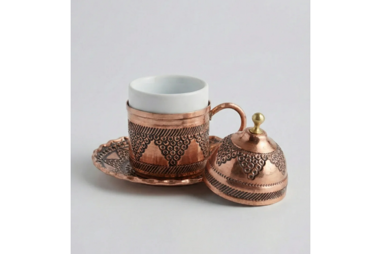 Üzüm Motifli El Kazımalı Kızıl Bakır Kahve Fincanı